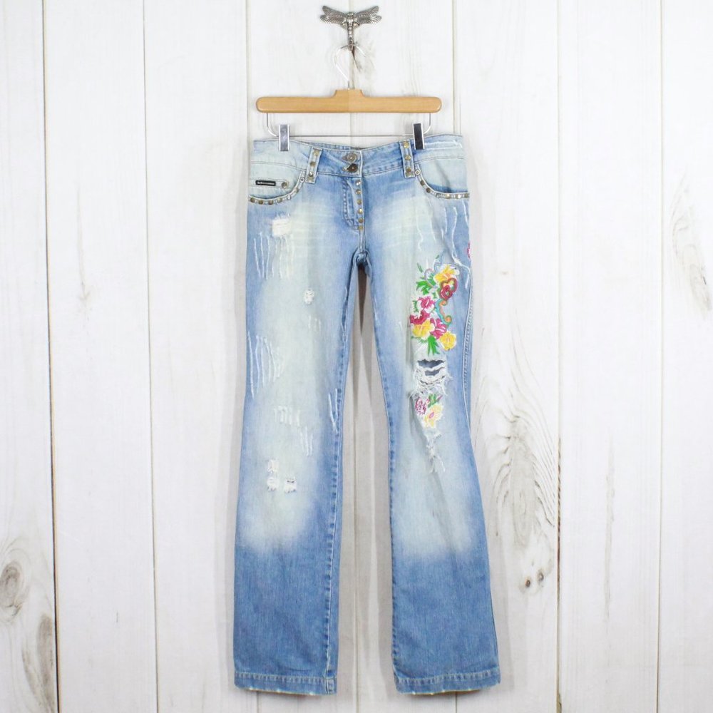 DOLCE & GABBANA Distressed Embroidered Jeans Sz 10